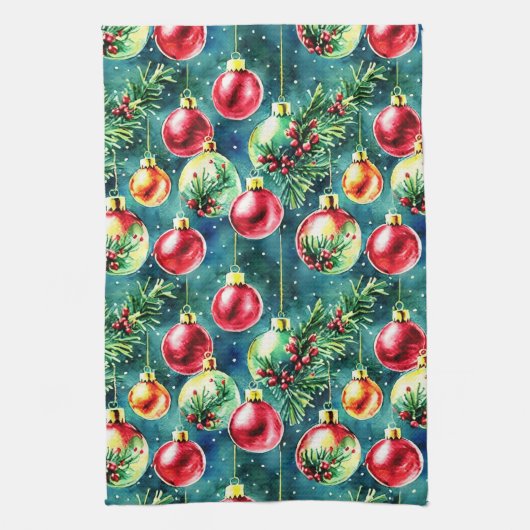 水彩クリスマスオーナメント、赤とティール（緑がかった色）緑 キッチンタオル (縦)
