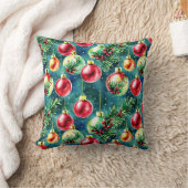 水彩クリスマスオーナメント、赤とティール（緑がかった色）緑 クッション (ブランケット)