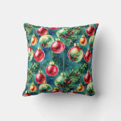 水彩クリスマスオーナメント、赤とティール（緑がかった色）緑 クッション (裏面)