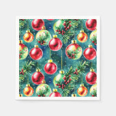 水彩クリスマスオーナメント、赤とティール(緑がかった色)緑 スタンダードカクテルナプキン (正面)