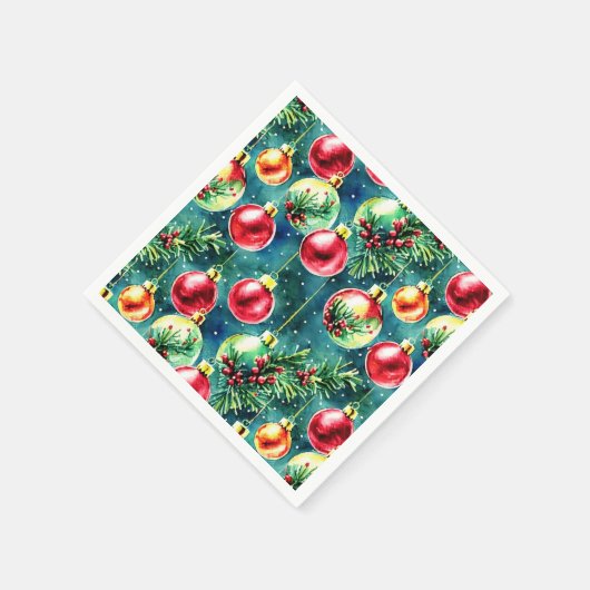 水彩クリスマスオーナメント、赤とティール(緑がかった色)緑 スタンダードカクテルナプキン (角)