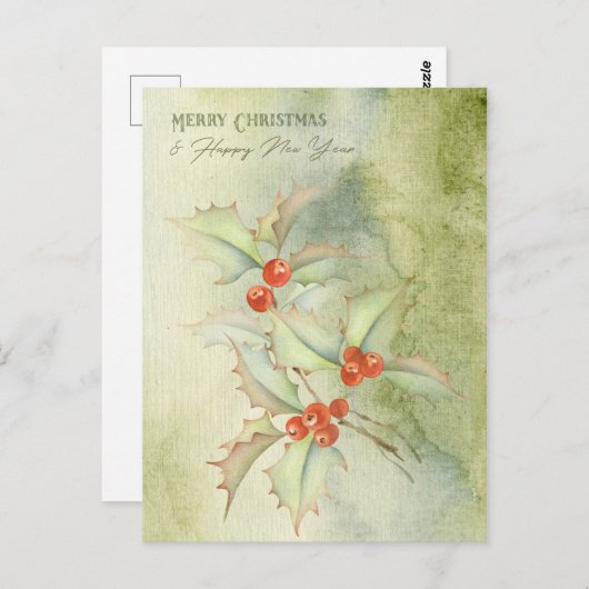 水彩クリスマスカード　ホーリーの枝付き ポストカード (正面/裏面)