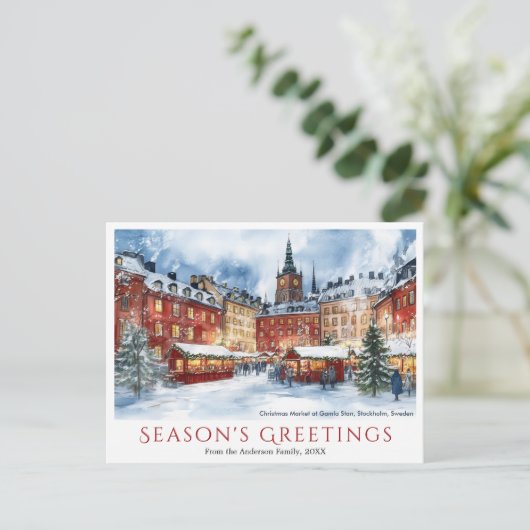 水彩クリスマスガンラスタンストックホルムスウェーデン シーズンポストカード (スタンド正面)