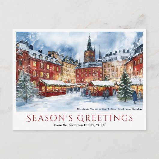 水彩クリスマスガンラスタンストックホルムスウェーデン シーズンポストカード (正面)