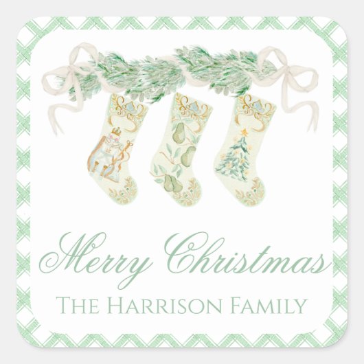 水彩クリスマスガーランドストッキングヴィンテージ スクエアシール (正面)