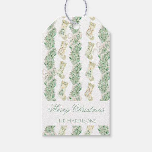水彩クリスマスガーランドベッドフォードストッキング ギフトタグ (正面)