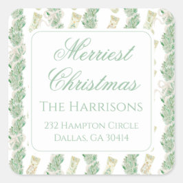 水彩クリスマスガーランドベッドフォードストッキング スクエアシール