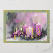 水彩クリスマスキャンドルパープルグリーン 箔シーズンカード (正面)