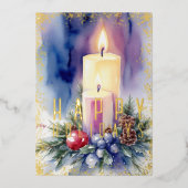 水彩クリスマスキャンドルパープル 箔シーズンカード (正面)