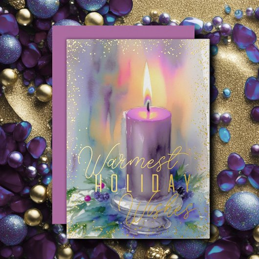 水彩クリスマスキャンドルパープル 箔シーズンカード