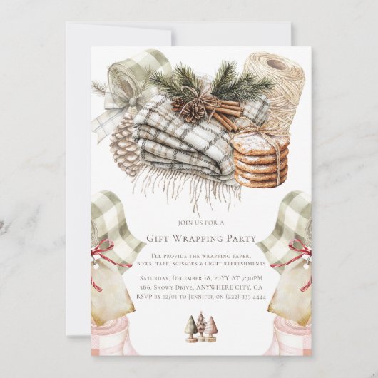 水彩クリスマスギフト包装パーティー 招待状 (正面)