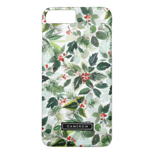 水彩クリスマスグリーンとホリーパターン iPhone 8 PLUS/7 PLUSケース