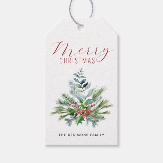 水彩クリスマスグリーンと実 ギフトタグ (正面)