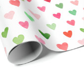 水彩クリスマスグリーンと赤の愛のハート ラッピングペーパー (ロールコーナー)