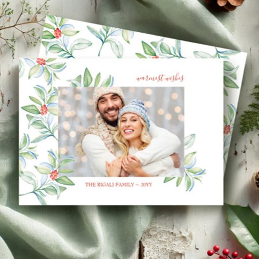 水彩クリスマスグリーンのフォトカード サンキューカード