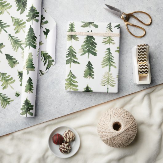 水彩クリスマスグリーンパインツリー ラッピングペーパー (クラフト)
