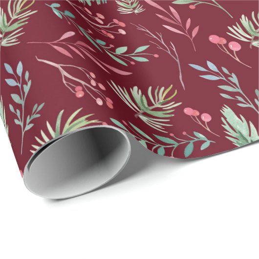 水彩クリスマスグリーンレッド花模様マルーン ラッピングペーパー (ロールコーナー)