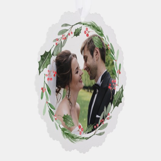 水彩クリスマスグリーン結婚リーリースの写真 オーナメントカード (右)