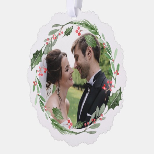 水彩クリスマスグリーン結婚リーリースの写真 オーナメントカード (左)