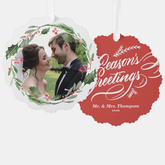 水彩クリスマスグリーン結婚リーリースの写真 オーナメントカード (正面/裏面)