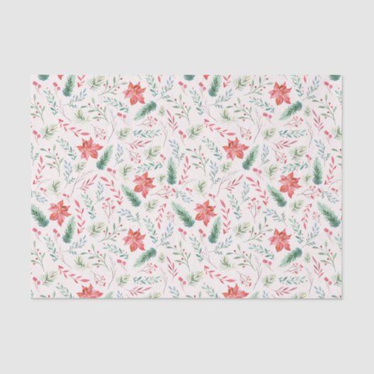 水彩クリスマスグリーン赤花模様オフ白 薄葉紙 (正面)