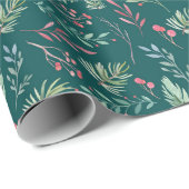 水彩クリスマスグリーン赤花模様ダークグリーン ラッピングペーパー (ロールコーナー)