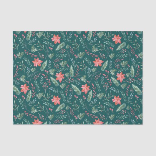 水彩クリスマスグリーン赤花模様ダークグリーン 薄葉紙 (正面)