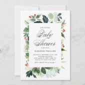 水彩クリスマスグリーン フレーム ベビーシャワー 招待状 (正面)