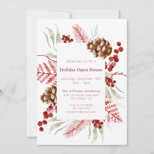 水彩クリスマスグリーン |ホリデーオープンハウス 招待状 (正面)