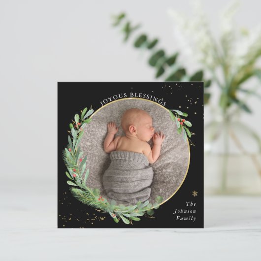 水彩クリスマスグリーン 喜びの祝福 シーズンカード (スタンド正面)