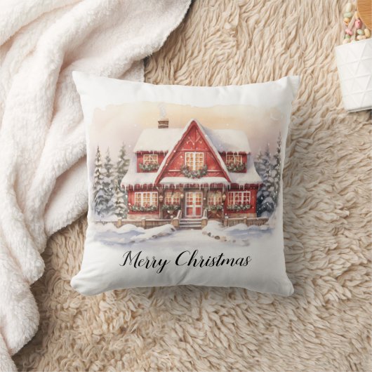 水彩クリスマスコテージ クッション (ブランケット)