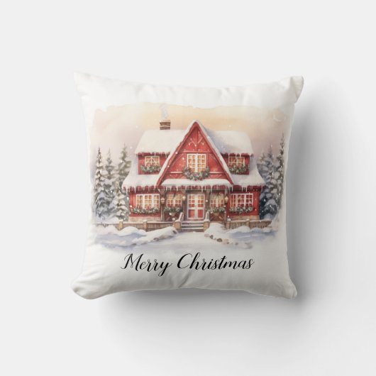 水彩クリスマスコテージ クッション (正面)