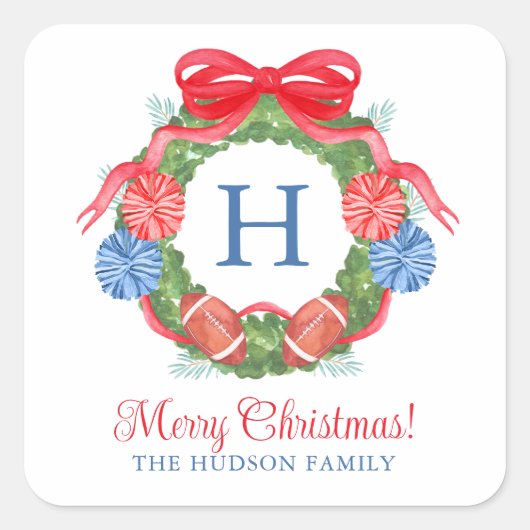 水彩クリスマスサッカーリース スクエアシール (正面)