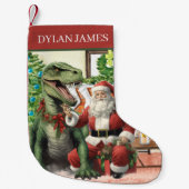 水彩クリスマスサンタ恐竜の名前を追加 スモールクリスマスストッキング (正面)