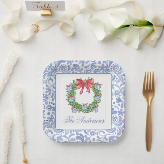 水彩クリスマスシノワズリーオーナメントリース ペーパープレート (ウェディング)