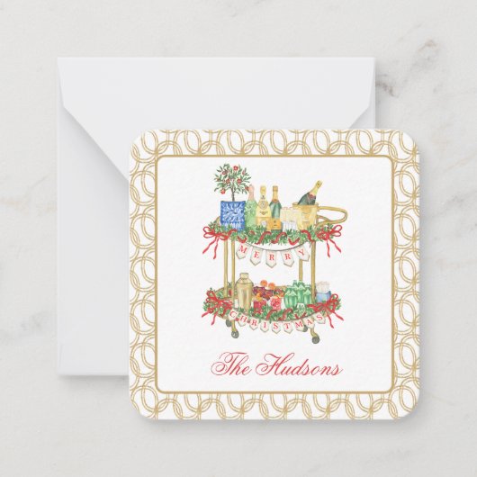 水彩クリスマスシャンパンバーカートエンクロージャ ノートカード (正面)