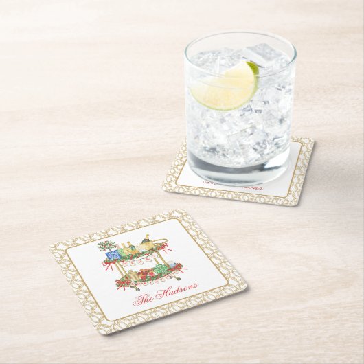 水彩クリスマスシャンパンバーカート スクエアペーパーコースター (インサイチュ)