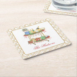 水彩クリスマスシャンパンバーカート スクエアペーパーコースター