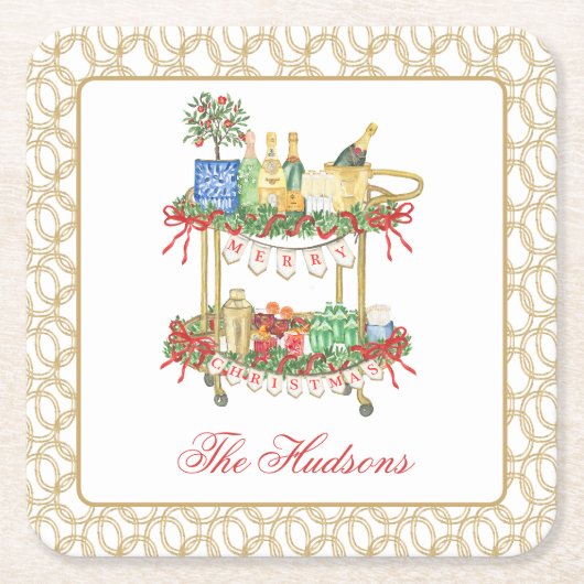 水彩クリスマスシャンパンバーカート スクエアペーパーコースター (正面)