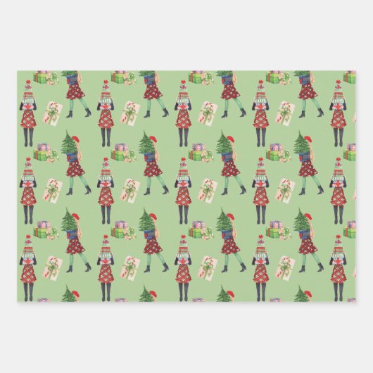 水彩クリスマスショッピングファッション女の子 ラッピングペーパーシート (正面3)