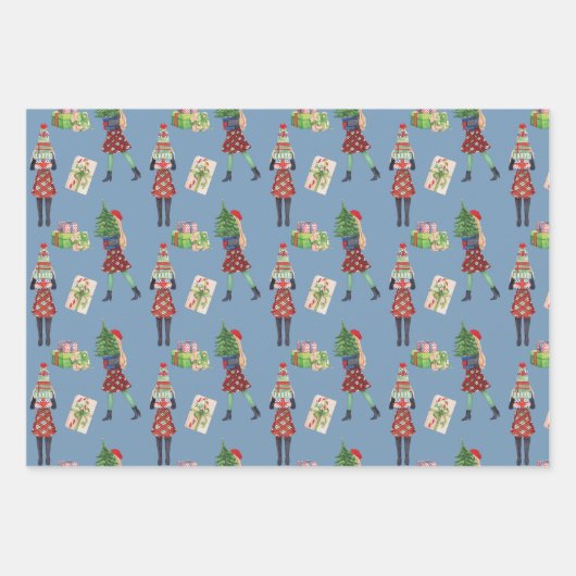 水彩クリスマスショッピングファッション女の子 ラッピングペーパーシート (正面)