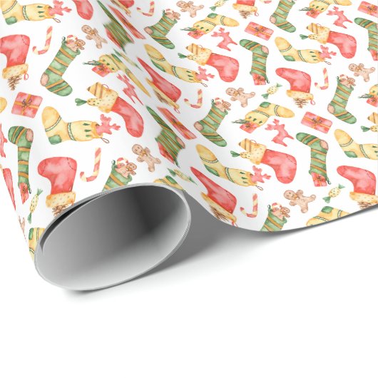 水彩クリスマスストッキングとジンジャーブレッドマン ラッピングペーパー (ロールコーナー)