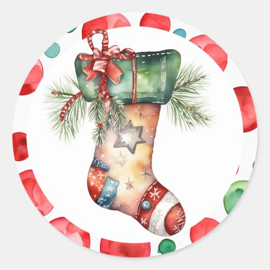 水彩クリスマスストッキングと水玉模様 ラウンドシール (正面)