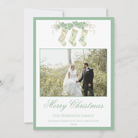 水彩クリスマスストッキンググリーンヴィンテージ写真 シーズンカード (正面)