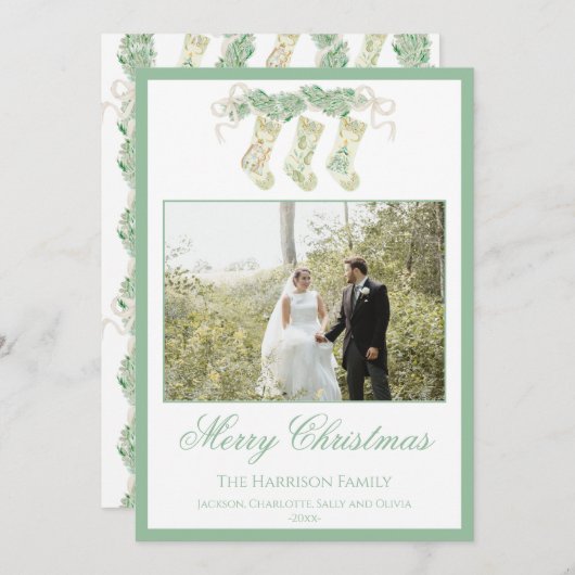 水彩クリスマスストッキンググリーンヴィンテージ写真 シーズンカード (正面/裏面)