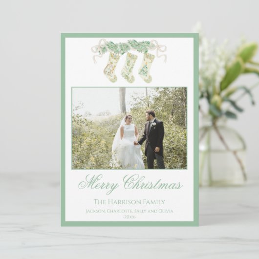 水彩クリスマスストッキンググリーンヴィンテージ写真 シーズンカード (スタンド正面)