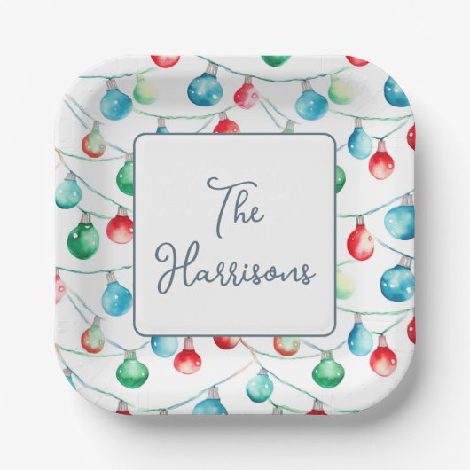 水彩クリスマスストリングライトパーソナライズされた ペーパープレート (正面)