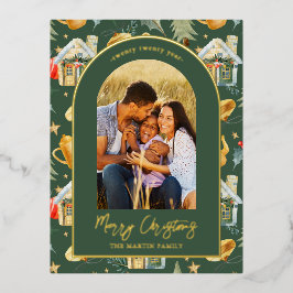 水彩クリスマスタウンフォトグリーン 箔シーズンポストカード