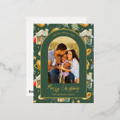 水彩クリスマスタウンフォトグリーン 箔シーズンポストカード (正面/裏面)