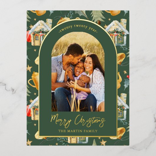 水彩クリスマスタウンフォトグリーン 箔シーズンポストカード (正面)